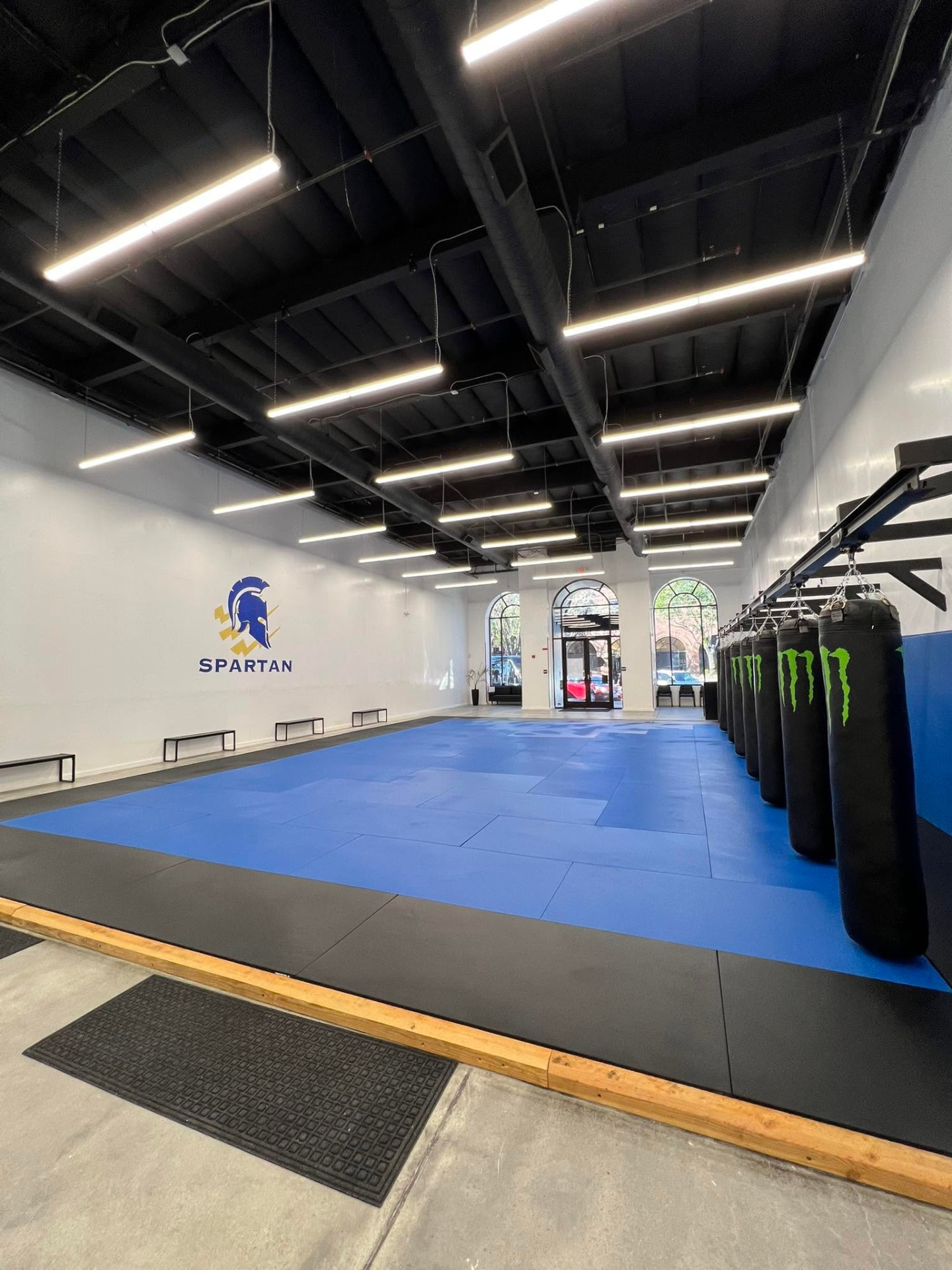 The Spartan Combat Sports training floor with mats, heavy bags, and the Spartan logo on the wall